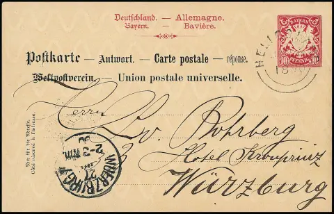 Carte-réponse entière de Bavière 10 Pfg. carmin usage réel avec cachet "Heligoland 26/6 1890" renvoyée à Würzburg avec cachet d'arrivée.…