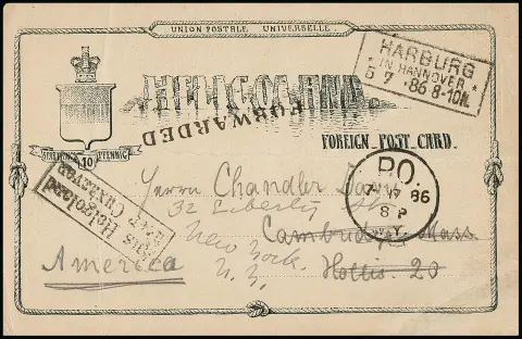 1886, carte entière défectueuse 10 Pfg., écrite à Heligoland, avec Ra2 "Aus Helgoland über Cuxhaven", ainsi que Ra3 "Harburg in Hannover" et L1…