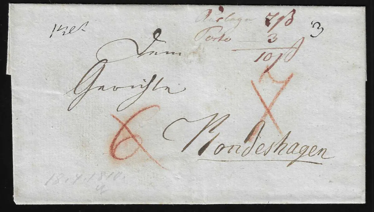 "Lubec B.I.d.F.", (1810), L1 en type différent, légèrement au verso sur lettre de port dû à Rondeshagen
