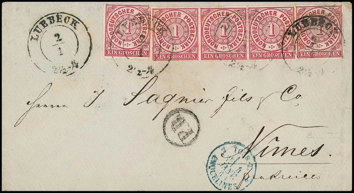 "Luebeck", K2 van het stadspostkantoor van 2.1.1868 (!) op couvert met NDP 1 Gr. per vijf (een vierstrook) naar Nîmes/Frankrijk. Zeldzame buitenlandse frankering…