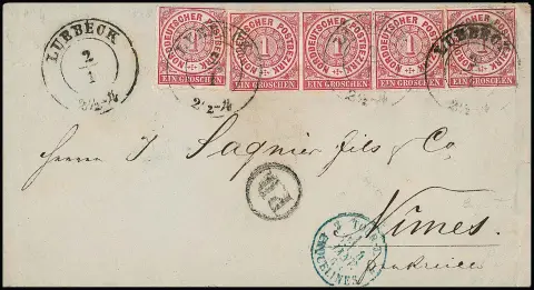 "Luebeck", K2 du bureau de poste municipal du 2.1.1868 (!) sur enveloppe avec NDP 1 Gr. par cinq (un quatrain) pour Nîmes/France. Affranchissement étranger rare…