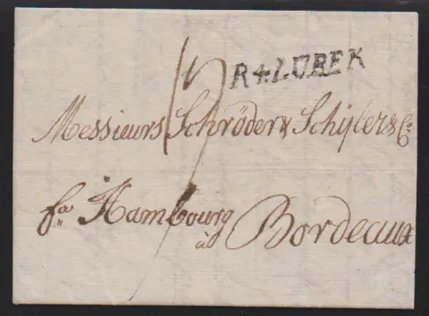 "Lübeck", 1750/1803, deux lettres pour Bordeaux, avec L1 "D'ALLEMAGNE" resp. "R.4. LUBEK"