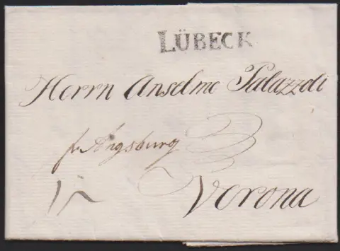 "Lübeck", 1801, L1 sur lettre étrangère (ci-joint échantillon de fil de soie) "fr. Augsburg" pour Vérone