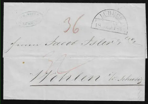 "Lübeck", 1850, HK du bureau de poste taxis sur lettre étrangère pour Wohlen/Suisse, taxes "32" et "36"