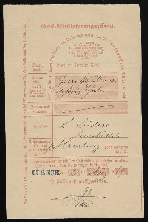 "Lübeck", 1858, récépissé pour une lettre de valeur étrangère vers Amsterdam, ainsi qu'un autre récépissé de 1858 avec L1