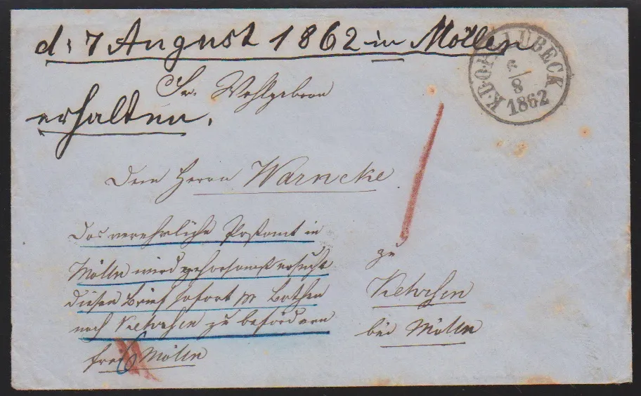 "Lübeck", 1862, dänischer K.D.O.P.A.-K1 auf seltenem, gering fleckigem Landexpreßcouvert nach Kehrsen bei Mölln (6 Sch. Landexpreßgebühr)