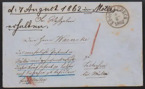 "Lübeck", 1862, cachet danois K.D.O.P.A.-K1 sur enveloppe de courrier express rare, légèrement tachée, pour Kehrsen près de Mölln (6 Sch. de taxe express)