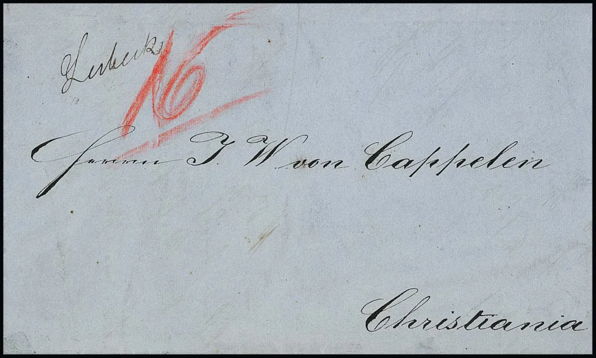 "Lübeck", 1864, ongebruikelijke uitsluitend handgeschreven verzending en taxe "16" Sk. op brief met inhoud via Kopenhagen en Sandosund naar Christiania/Noorwegen