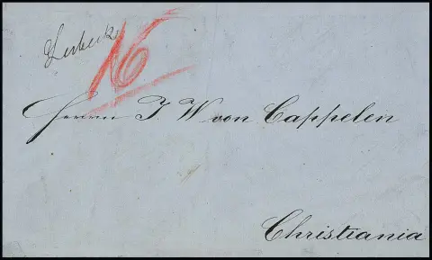"Lübeck", 1864, rare envoi et taxe manuscrits uniques "16" Sk. sur lettre avec contenu via Copenhague et Sandosund vers Christiania/Norvège