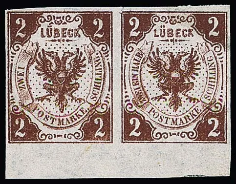 2 Sch. rotbraun, waagerechtes ungebrauchtes Unterrandpaar (rechte Marke Fehldruck "Zweineinhalb"), Kabinett, sign. Scheller