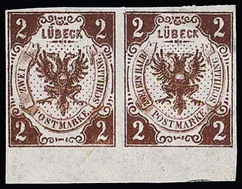 2 Sch. brun rouge, paire non oblitérée avec bord inférieur (timbre droit avec erreur d'impression "Zweineinhalb"), qualité cabinet, signé Scheller