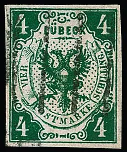 4 Sch. vert foncé, pièce de choix à larges marges et oblitérée nette, signé Grobe et certificat Brettl. Mi. 750,-
