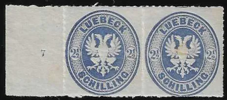 2 1/2 Sch. ultramarin, ungebrauchtes waager. Paar mit linkem Bogenrand und Reihenzahl "7" (rs. etwas getönt), sign. Bühler