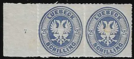 2 1/2 Sch. outremer, paire horizontale non oblitérée avec bord de feuille gauche et numéro de rangée "7" (verso légèrement teinté), signé Bühler