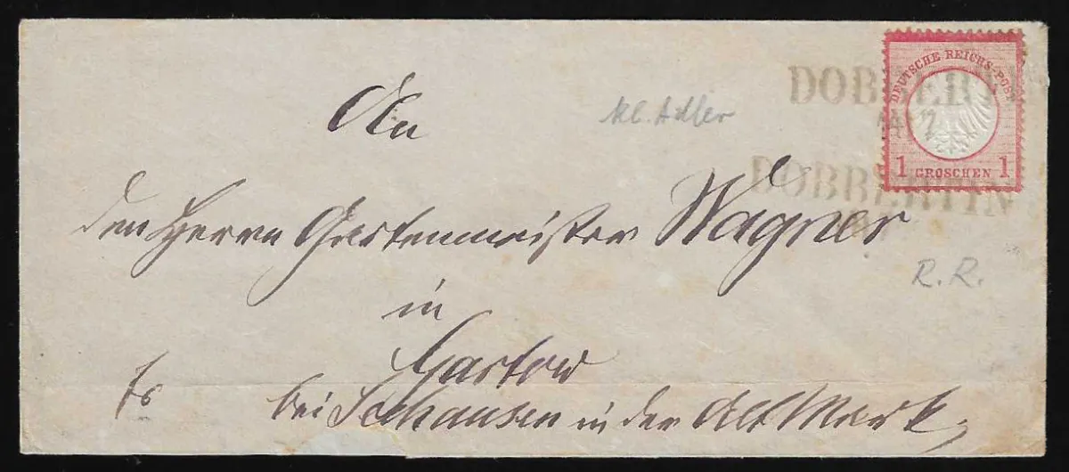 "Dobbertin", cachet L2 préphilatélique réutilisé sur lettre complète 1 Gr. petit Brustschild