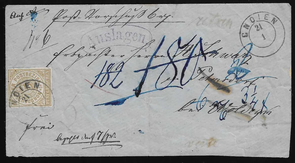 "Gnoien", cachet K2 réutilisé clair sur lettre de mandat NDP 5 Gr. avec cachet violet "Auslagen", légères traces d'usure