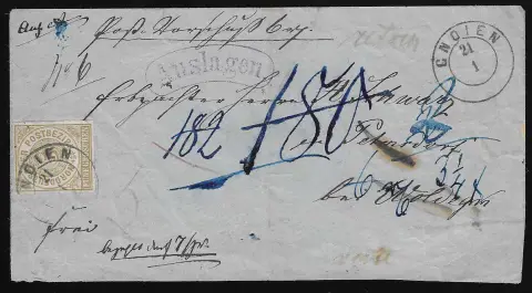 "Gnoien", cachet K2 réutilisé clair sur lettre de mandat NDP 5 Gr. avec cachet violet "Auslagen", légères traces d'usure