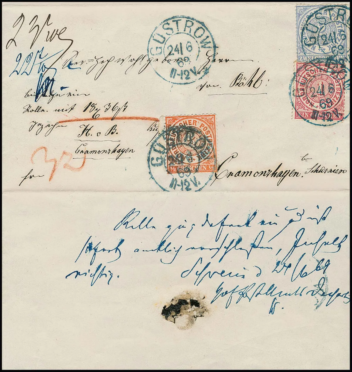 "Güstrow", NDP-K2 in blau klar auf dekorativem Wertpaket-Begleitbrief zu einer Rolle mit 18 Thalern 36 Schillingen (23 Loth) mit NDP 1/2, 1 und 2 Gr., rs.…