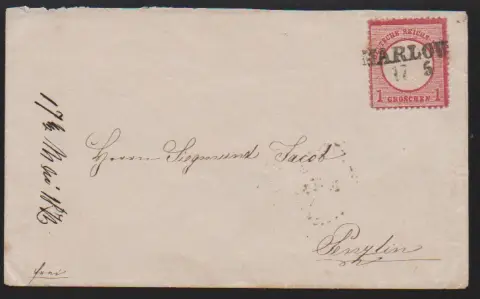 "Marlow" et "Redefin", cachets L2 de réexpédition sur deux lettres 1 Gr. grand écu de poitrine (une fois un peu "carré-rond")