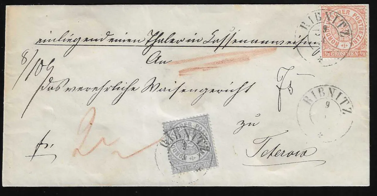 "Ribnitz", cachet K2 de réexpédition clair sur lettre de valeur de cabinet avec NDP 1/2 et 2 Gr. pour Teterow
