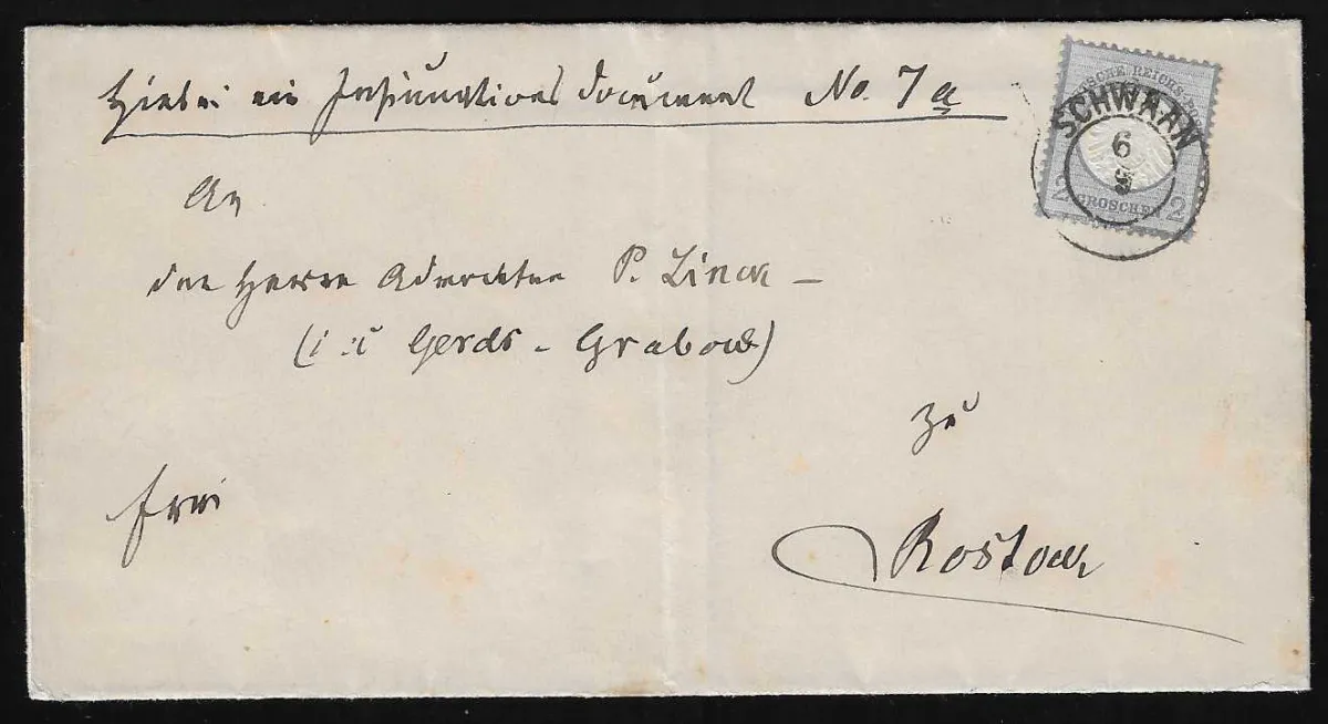 "Schwaan", idealer nachverw. K2 auf Kabinett-Post-Ins.-Doc. der 2. Gewichtsstufe mit 2 Gr. gr. Brustschild nach Rostock, Fotoexp. Krug