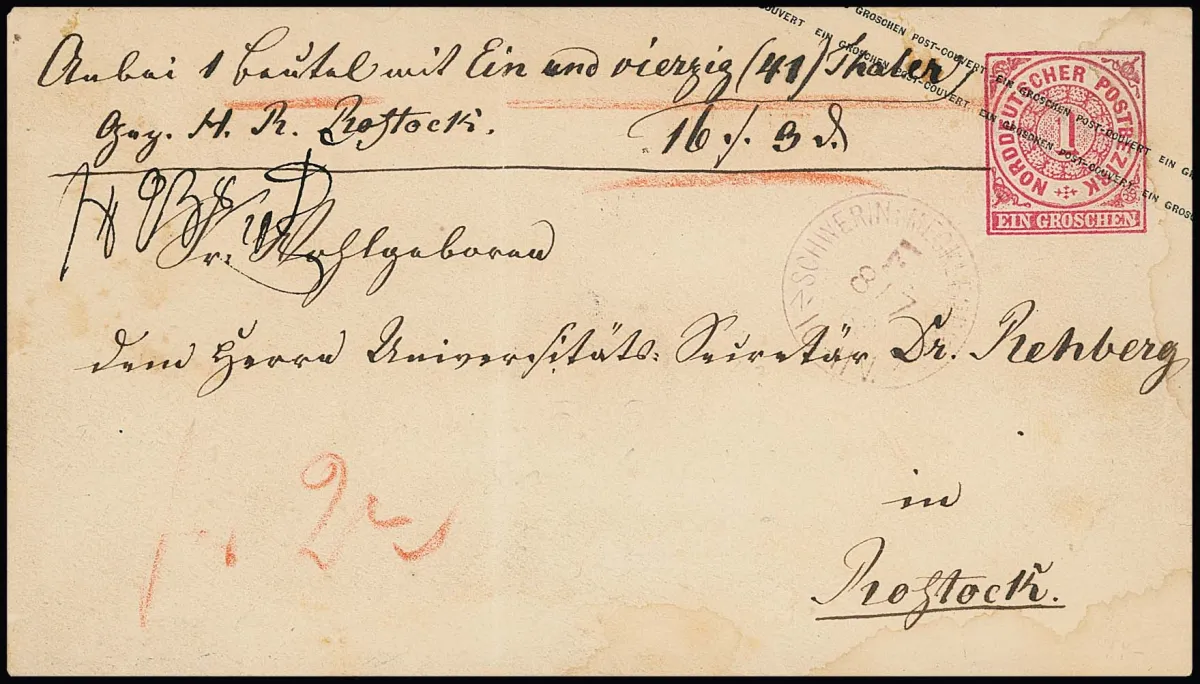 "Schwerin (Mecklenburg) F", violetter Franko-K1 als alleinige Entwertung auf NDP-Ganzsache 1 Gr. rosa (Gebrauchserhaltung, u.a. Rand wasserfleckig), als…
