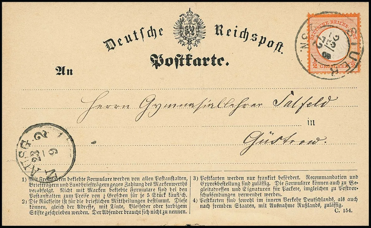 "Stuer 22/9 72", K2 clair et centré sur carte postale oblitérée avec Brustschild 1/2 Gr., rareté de cachet