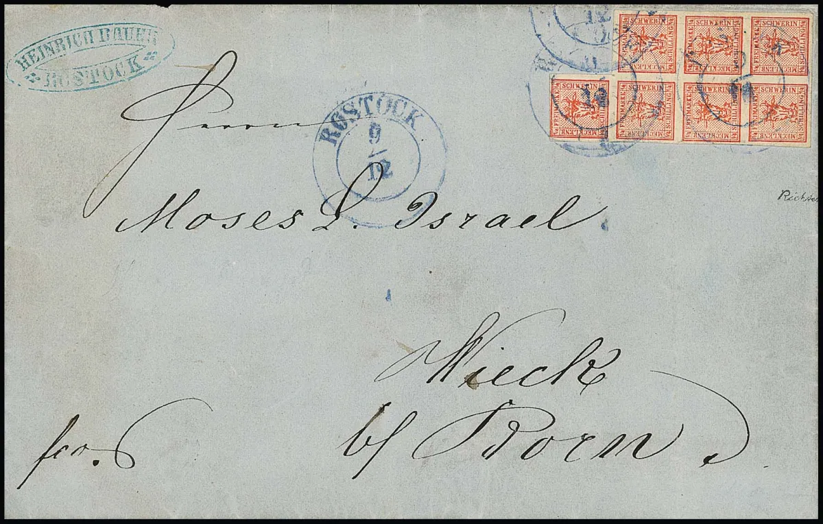 7/4 Sch. carmin, bien découpé, 2/4 légère trace de pression, sur lettre pliée (celle-ci légères traces d'usure) avec K2 bleu "Rostock" pour Wieck