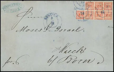 7/4 Sch. carmin, bien découpé, 2/4 légère trace de pression, sur lettre pliée (celle-ci légères traces d'usure) avec K2 bleu "Rostock" pour Wieck