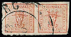 2/4 Sch. rosa, eine gestempelt immer fehlende Marke mit kleinen Mängeln, Attest Jäschke-L. Mi. 750,-
