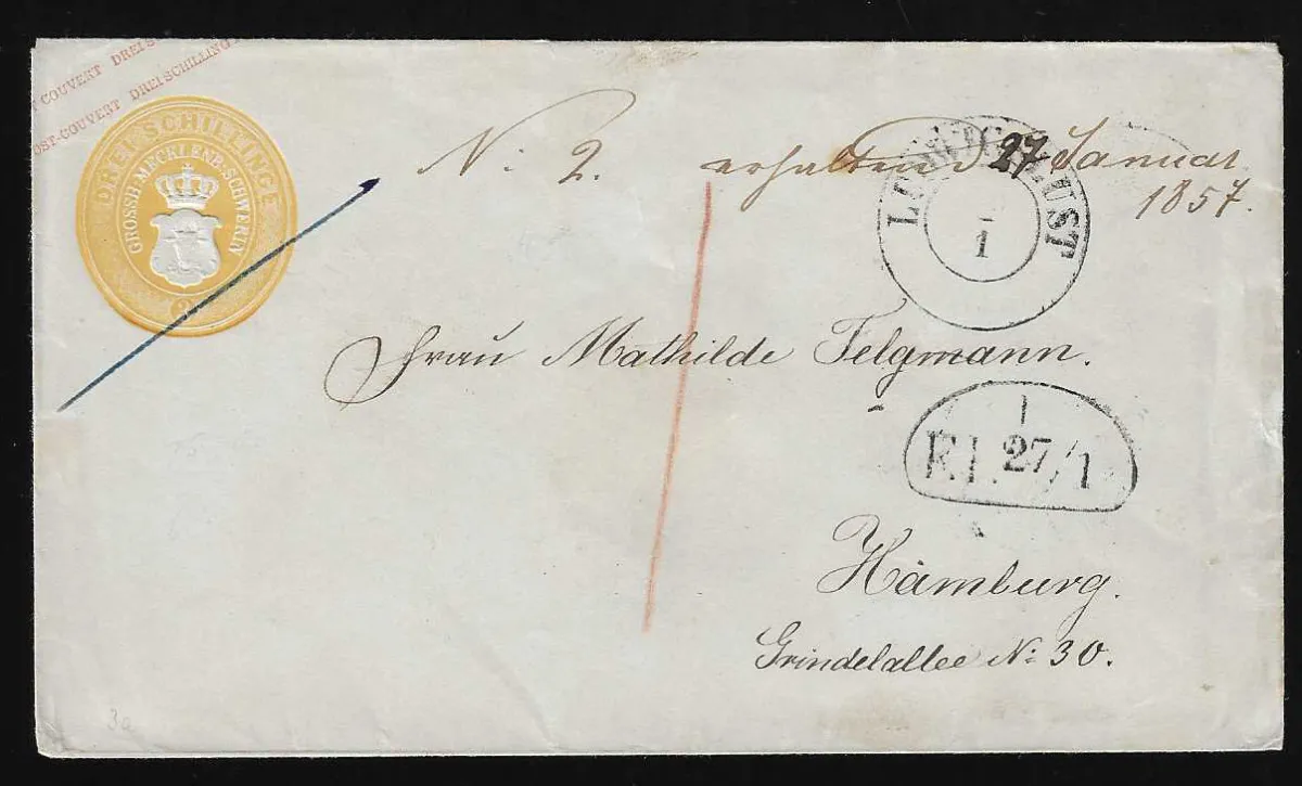 Entier postal 3 Sch. jaune, splendide enveloppe avec K2 "Ludwigslust" pour Hambourg (correspondance connue "Telgmann") avec cachet de poste à pied au recto 1857