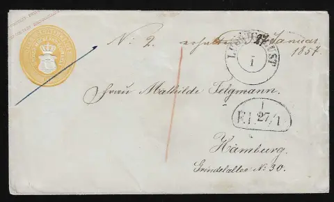 Entier postal 3 Sch. jaune, splendide enveloppe avec K2 "Ludwigslust" pour Hambourg (correspondance connue "Telgmann") avec cachet de poste à pied au recto 1857