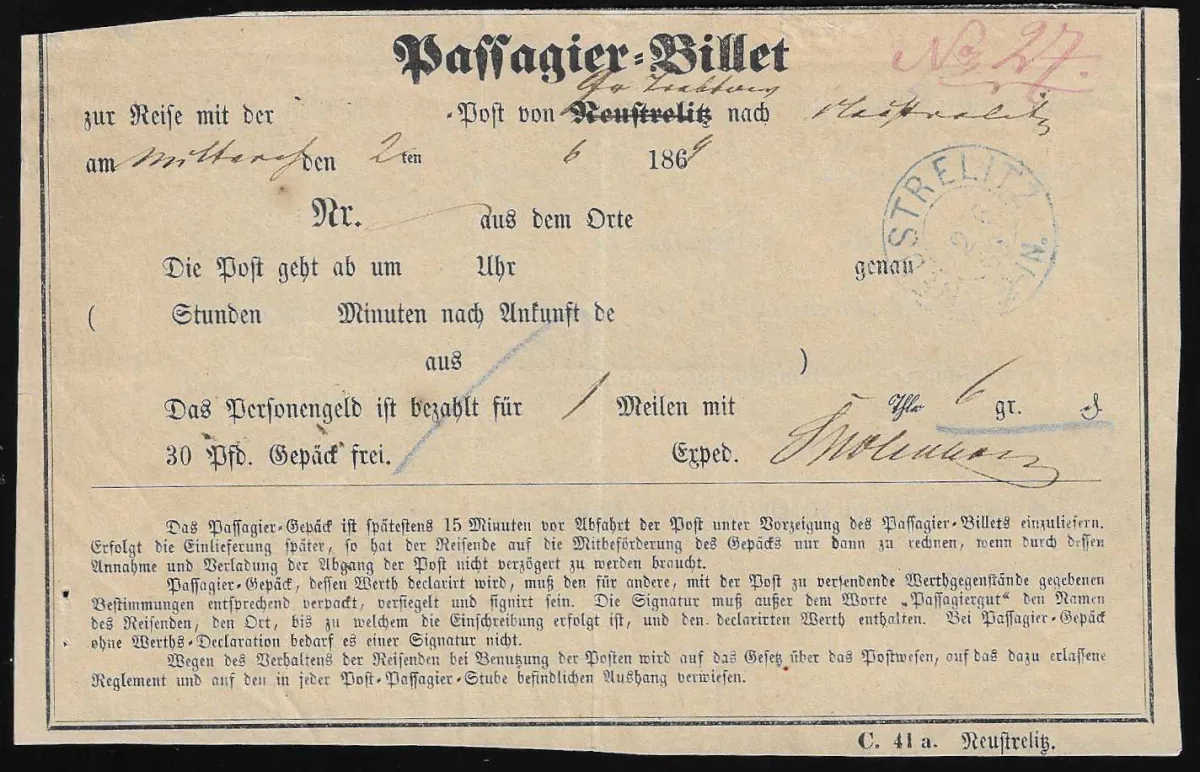 "Neustrelitz", 1869, blauer K2 auf oben etwas verkürztem, vorgedrucktem Post-Reiseschein "Passagier-Billet" für eine Fahrt nach Neustrelitz