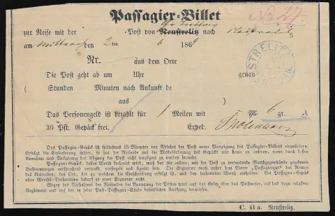 "Neustrelitz", 1869, K2 bleu sur bulletin de voyage postal préimprimé "Passagier-Billet" légèrement raccourci en haut pour un trajet vers Neustrelitz