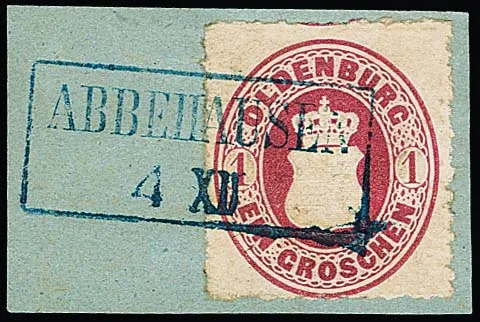 "Abbehausen", Ra2 auf sechs Briefstücken Wappen 1 Gr., zweimal der Monat in römischen Ziffern