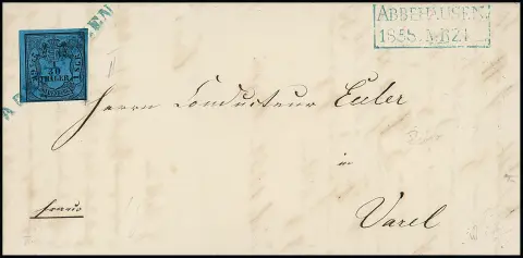 "Abbehausen", le L1 bleu comme oblitération de timbre, le grand Ra2 apposé à côté, 1858 sur lettre avec 1/30 Th. en partie très large (en bas à droite "bord à la loupe")