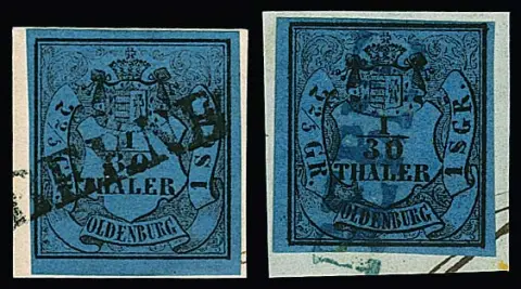 "Berne", petit type du L1 en noir sur fragment de lettre de cabinet 1/30 Th. (bon type II), ainsi qu'en bleu (grand type) sur quatre valeurs 1/30 Th.