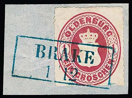 "Brake", schwarzer Ra1 auf ber. 1/30 Th., sowie blauer Ra2 auf acht Werten Wappen 1 Gr. (sechs Bfst.)