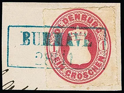 "Burhave", Ra2 bleu sur pièce de cabinet 1/30 Th., et trois fragments de lettre armoiries 1 Gr. (deux un peu "carré-rond")