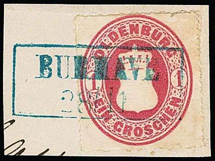 "Burhave", Ra2 bleu sur pièce de cabinet 1/30 Th., et trois fragments de lettre armoiries 1 Gr. (deux un peu "carré-rond")