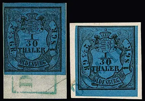 "Damme", L1 bleu complet sur pièce de lettre 1/30 Th. (en haut un peu de coupe de ligne de bord), en outre le Ra2 complet sur pièce de lettre de cabinet 1/30 Th. ainsi que sur trois valeurs…