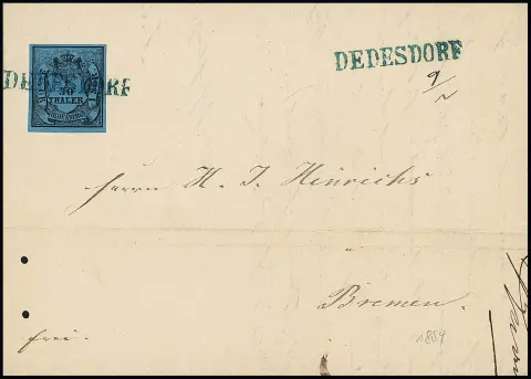 "Dedesdorf", L1 bleu idéal sur lettre pliée blanche avec pièce de cabinet 1/30 Th.