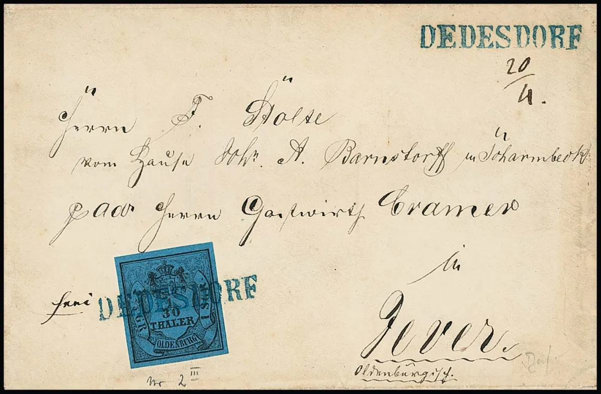 "Dedesdorf", L1 bleu clair sur enveloppe de dame (celle-ci avec traces d'usage sur le bord) avec pièce de cabinet 1/30 Th. à larges marges