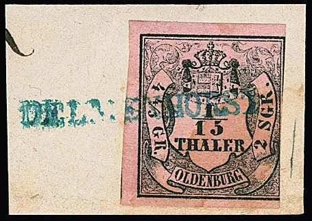 "Delmenhorst", kleiner blauer L1 voll auf Briefstück 1/15 Th. (re. angeschnitten), sowie Ra2 auf 1/30 Th. und 1 Gr.
