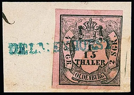 "Delmenhorst", petit L1 bleu complet sur fragment de lettre 1/15 Th. (rogné à droite), ainsi que Ra2 sur 1/30 Th. et 1 Gr.