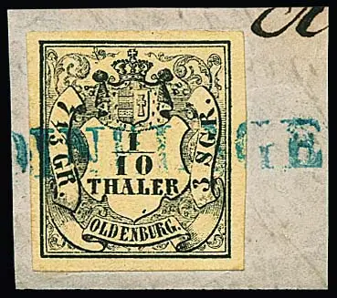 "Dinklage", L1 bleu presque complet sur fragment de lettre de cabinet avec 1/10 Th., signé Bühler, ainsi que le Ra2 bleu sur six valeurs (trois fragments)
