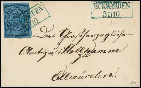 "Eckwarden", Ra2 net sur lettre de cabinet 1 Gr. noir/bleu, signé Krause