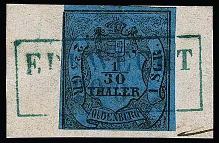 "Edewecht", Ra2 en bleu sur sept valeurs, dont fragment de lettre avec 1/30 Th. (touché)