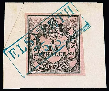 "Elsfleth", Ra2 complet sur fragment de lettre (un peu contrecollé) avec pièce de cabinet 1/15 Th., ainsi que complet sur paire armoiries 1 Gr. (trace de pli) et fragment 1 Gr.