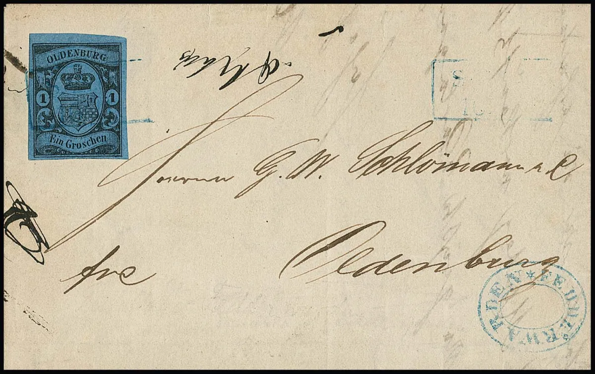 "Fedderwarden", cachet ovale bleu de la collection de lettres comme cachet annexe sur lettre avec pièce de cabinet 1 Gr. et Ra2 bleu "Sande" pour Oldenburg, photo exp.…